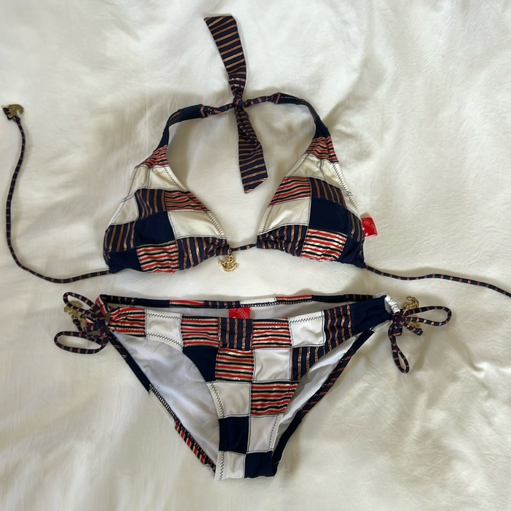 Red, white & blue bikini.